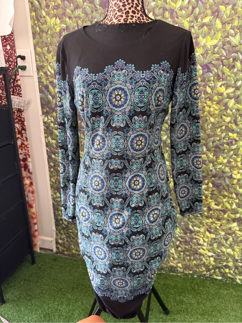 Women’s Black & Teal Patterned Long Sleeve Dress mp35